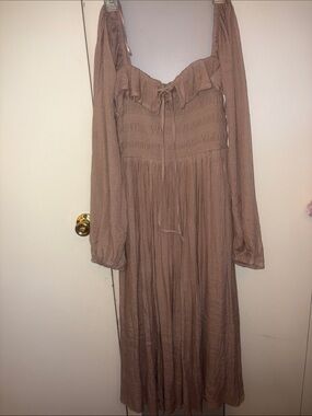 Carly Jean Los Angeles Smocked Ruffle Long Sleeve Midi Dress in Taupe Brown